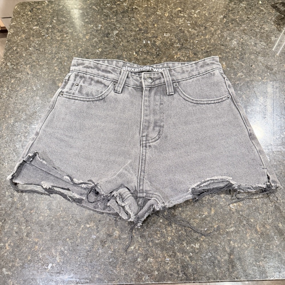Alexander Wang Bite High Rise Gray Denim Shorts Raw Hem Women's Size 25